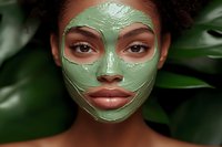 Young African American woman with green clay face mask for skincare routine surrounded by tropical leaves for natural beauty and wellness treatments.