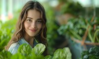 Young Caucasian woman with long brown wavy hair smiling among green plants and vegetables in greenhouse or garden center, representing healthy lifestyle and organic farming.