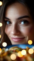 Young woman with gentle smile and brown eyes against blurred bokeh lights background, close-up portrait with soft evening illumination and warm atmosphere.