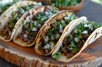 Mexican street tacos with chopped onions, fresh cilantro and seasoned meat served on corn tortillas on rustic wooden board, traditional authentic cuisine.