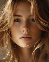 Close-up portrait of young woman with blonde wavy hair, natural freckles and blue eyes in warm golden sunlight showing natural beauty and gentle expression.