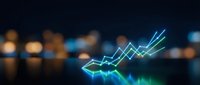 Glowing blue financial growth chart with upward trending arrow against blurred city lights background for business success and market analysis presentations.