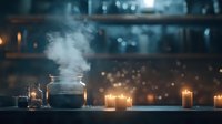 Atmospheric still life with steaming teapot and glowing candles creating cozy ambiance against dark background with bokeh lights, moody evening setting.
