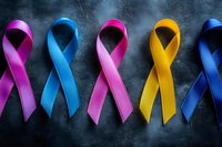 Colorful awareness ribbons arranged in row on dark textured background - pink, blue, light pink, yellow and navy blue symbols for different causes and support.