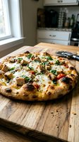 Freshly baked pizza with melted cheese, roasted vegetables, and herbs on wooden board in bright kitchen with window light and appliances.