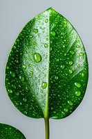 Fresh green leaf with morning dew drops and water droplets on surface showing natural texture and pattern against light background. Macro nature photography.
