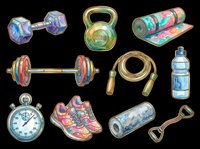 Fitness equipment collection with dumbbells, kettlebell, yoga mat, barbell, jump rope, water bottle, stopwatch, sneakers, foam roller and shovel isolated on transparent background. Ready for t-shirt design, clipart, stickers and print-on-demand products.