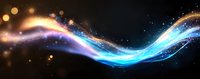 Magical glowing wave with blue light trail and golden sparkles flowing on dark background, abstract luminous cosmic energy stream effect.