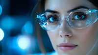 Young woman wearing transparent glasses with blue bokeh background, close up portrait showing natural makeup and confident expression.