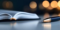 Open book with elegant pen on reflective surface against blurred warm bokeh lights creating atmospheric study or writing composition.