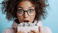 Young African American woman with curly hair and glasses making surprised expression while eating popcorn from white container against blue background.
