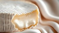 Creamy white brie cheese slice with soft rind showing texture and rippled surface against light beige background, macro food photography for culinary use.