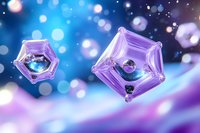 Macro photography of frozen snowflakes with purple and blue tones against blurred bokeh background creates magical winter atmosphere for seasonal designs.