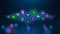 Medical healthcare technology concept with glowing hexagonal icons displaying various health symbols on dark blue digital background.