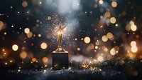 Glowing star trophy on dark background with magical sparkles and bokeh lights creates festive atmosphere for achievement and success celebration.