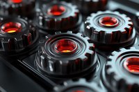 Metallic gears with glowing red cores arranged in industrial pattern, highlighting mechanical engineering and technological advancement in manufacturing process.