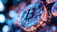 Glowing cryptocurrency Bitcoin symbol with digital circuit pattern on blurred bokeh background, illuminated by blue and orange lights creating futuristic atmosphere.
