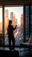 Woman with long reddish-brown hair, wearing dark business attire, standing at floor-to-ceiling window holding smartphone, gazing at sunset cityscape with skyscrapers. Corporate office setting.