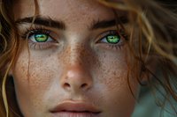 Close up portrait of young Caucasian woman with intense green eyes, natural freckles, and wavy brown hair against blurred teal background. Artistic beauty photography.