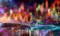 Colorful financial data visualization with glowing wave graphs and stock market charts reflecting on glossy surface amid bokeh lights and digital analytics display.