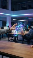 Business professionals using holographic interface technology in modern office environment for digital transformation and innovation projects.