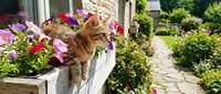Orange tabby cat sitting on white wooden planter box with colorful flowers in charming garden setting with stone pathway and lush greenery.