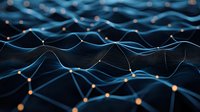 Glowing network connections form abstract waves with orange nodes on dark background, representing digital technology and data visualization patterns.