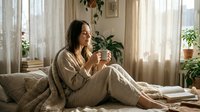 Young woman in beige loungewear relaxing on sofa with coffee cup in bright living room with plants and natural sunlight streaming through curtains.