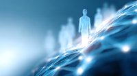 Glowing translucent figures walking on abstract blue waves with light effects, representing spiritual journey, consciousness and personal growth in modern digital art style.