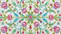 Vintage floral embroidery pattern with pink roses and turquoise leaves on cream background. Seamless design tiles perfectly for textile and wallpaper projects.