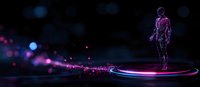 Glowing purple digital human silhouette standing on illuminated circle platform with light particles against dark background, futuristic technology concept.