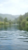 Calm river flowing through lush green valley with forested hills and misty mountains in background, peaceful nature landscape for travel and outdoor design projects.