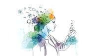 Female scientist with colorful molecular hair holding chemical flask. Science education concept with DNA structures and formulas on white background.
