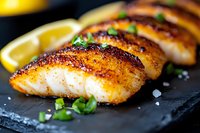 Grilled salmon fillets with crispy seasoned crust served on black stone plate, garnished with fresh green onions and lemon slices, close up view of seafood dish.