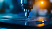 CNC machine drill bit in action with dramatic lighting, metallic surface reflecting blue and orange glow, close-up view of industrial manufacturing process.