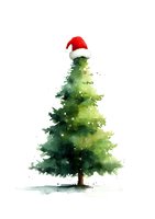 Watercolor Christmas tree with red Santa hat on white background, festive holiday illustration for greeting cards and seasonal designs.