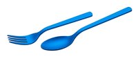 Blue fork and spoon set isolated on white background, modern minimalist cutlery design in vibrant cobalt color for kitchen and dining concepts.