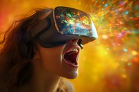 Young woman experiencing vibrant colorful virtual reality with amazed expression against golden background, wearing VR headset with reflected light particles.