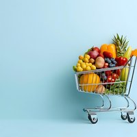 Shopping cart filled with fresh colorful fruits and vegetables on light blue background, healthy eating and grocery shopping concept with copy space.