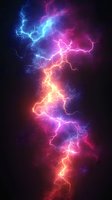 Vibrant electric lightning bolt with colorful plasma energy effects in blue, purple, pink and orange hues against dark background for digital art projects.