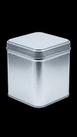Silver metal tin box with hinged lid, isolated on transparent background, ready for packaging design, product mockups, e-commerce, print-on-demand, and sublimation projects.