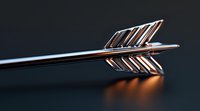 Metallic arrow lying on dark reflective surface with dramatic lighting and shallow depth of field, symbolizing direction, precision and forward movement.
