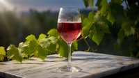 Glass of rosé wine on wooden table surrounded by fresh grape vines in vineyard setting with warm sunlight creating romantic atmosphere for wine tasting experience.