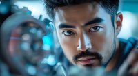 Close up portrait of young Asian male with facial hair looking through mechanical parts with dramatic blue lighting and shallow depth of field effect.
