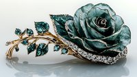 Luxurious emerald green rose brooch with golden stem and diamond accents on white background, elegant jewelry piece with detailed craftsmanship and reflective surface.