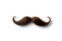 Brown curled mustache isolated on white background, classic handlebar style facial hair design element for creative projects and fashion concepts.