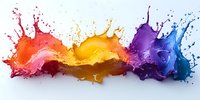 Vibrant paint splashes in red, yellow, purple and blue colors colliding and creating dynamic liquid art explosion on white background, suitable for creative design projects.