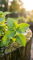 Fresh green mint leaves growing on weathered wooden post in sunlight, ideal for culinary, gardening, and wellness design projects.