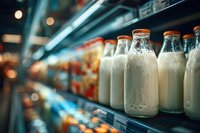 Fresh milk bottles lined up in refrigerated supermarket display with blurred grocery shelves in background, showcasing dairy products for shoppers.