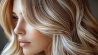 Close-up profile of blonde woman with smooth, wavy hair featuring caramel and platinum highlights against neutral background. Perfect for beauty and haircare advertising.